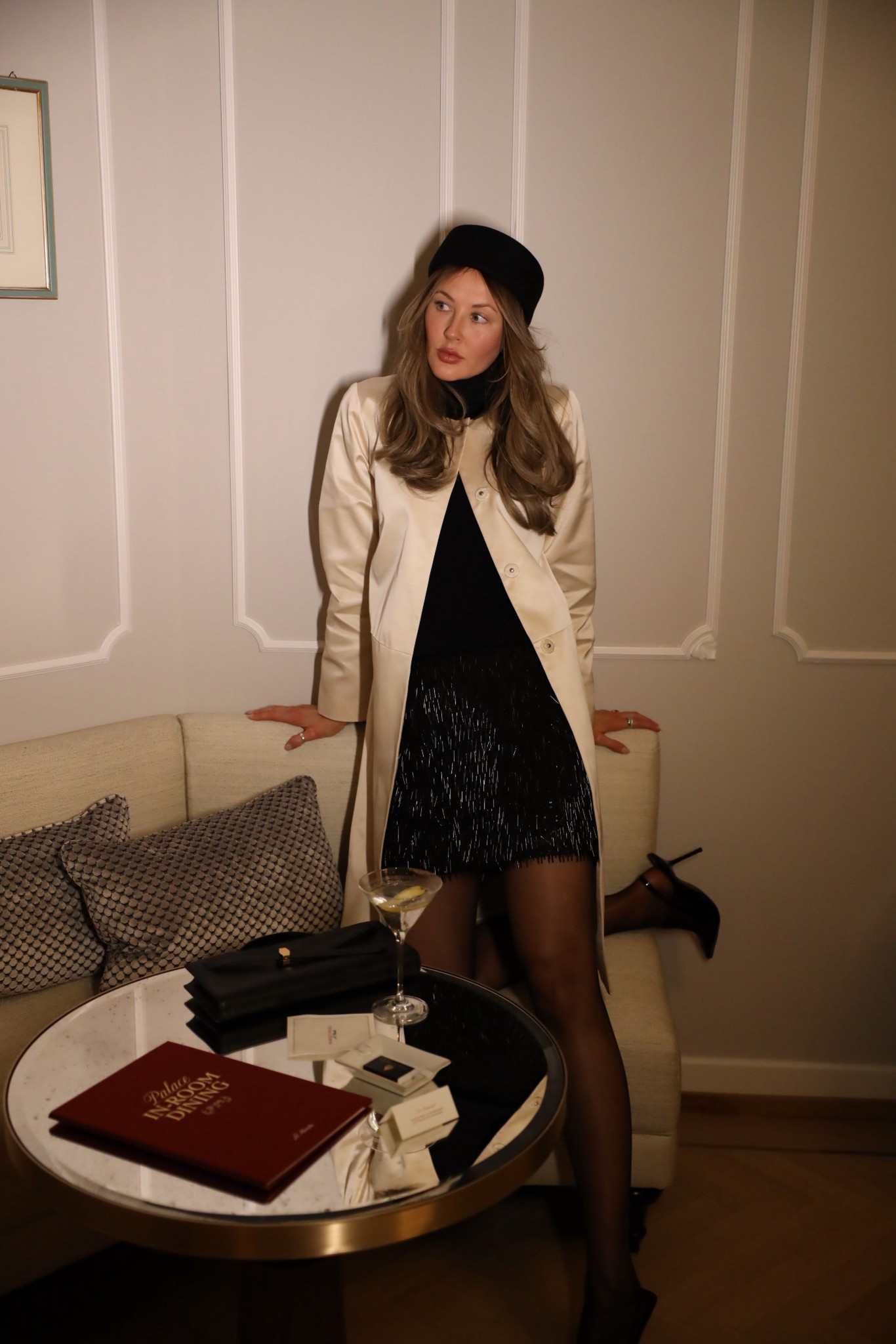 Pill box hat
Satin coat