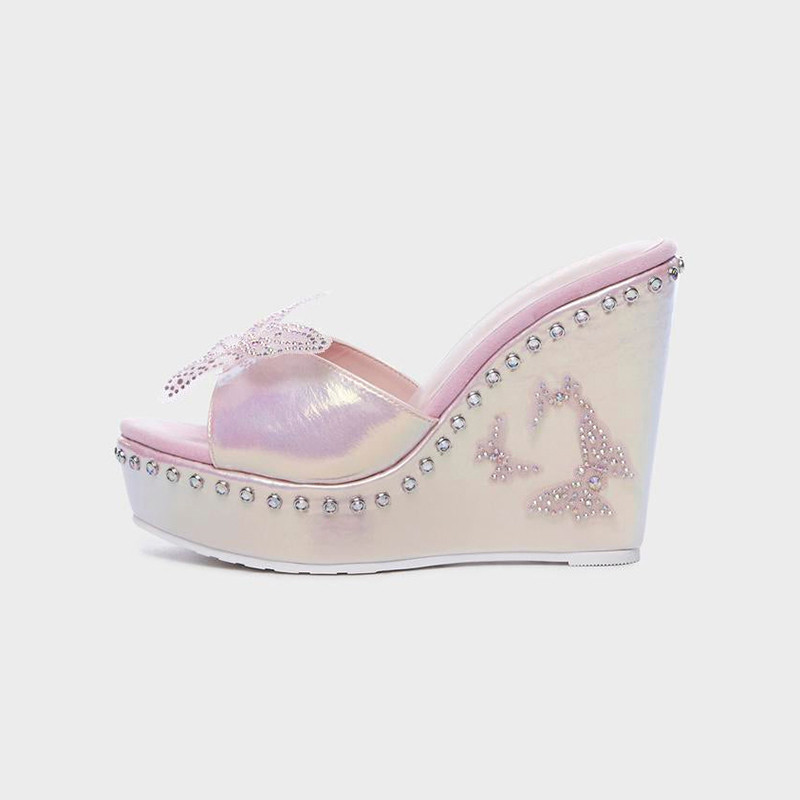 Pink Open Toe Wedge Sandal Elegant Butterfly Platform Shoes Party Studs Mule Heels | FSJshoes
