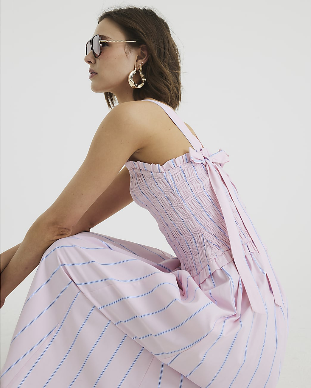 Pink Stripe Shirred Midi Dress | River Island UK & IE