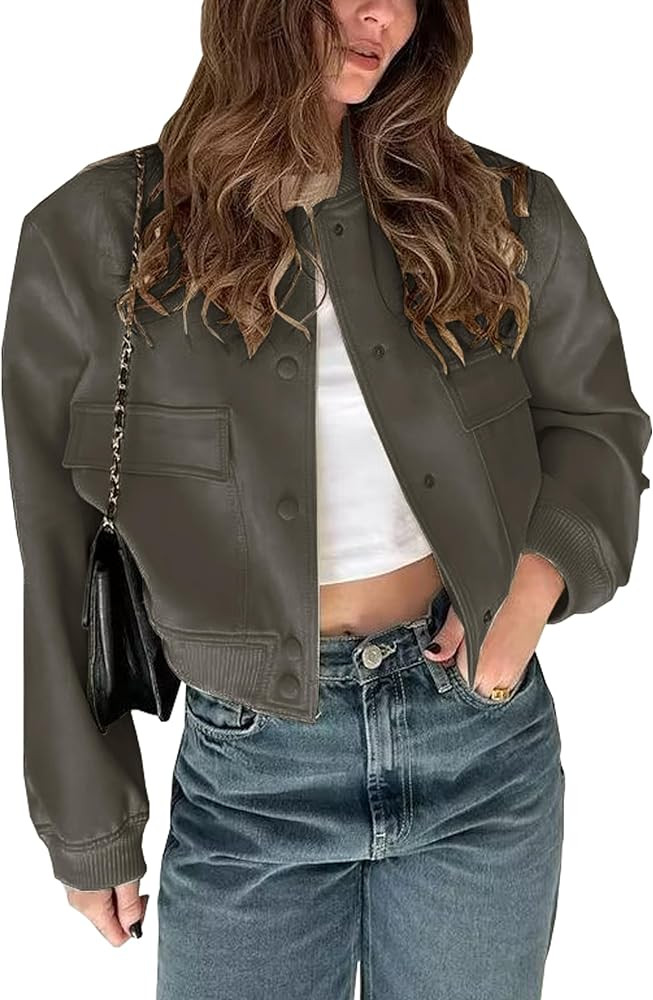 Womens Cropped Bomber Jacket Button Down Varsity Jackets Shackets with Pockets | Amazon (US)