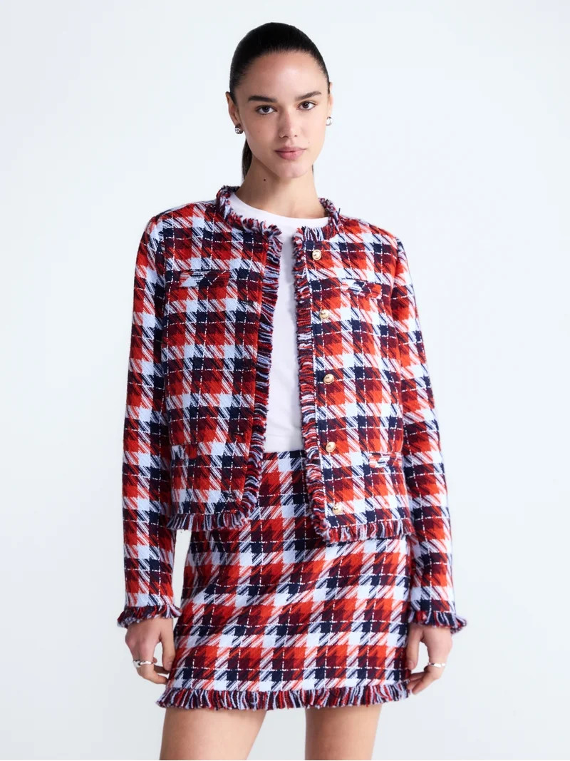 Free Assembly Women's Cropped Tweed Jacket with Fringe Trim, Sizes XS-XXL | Walmart (US)