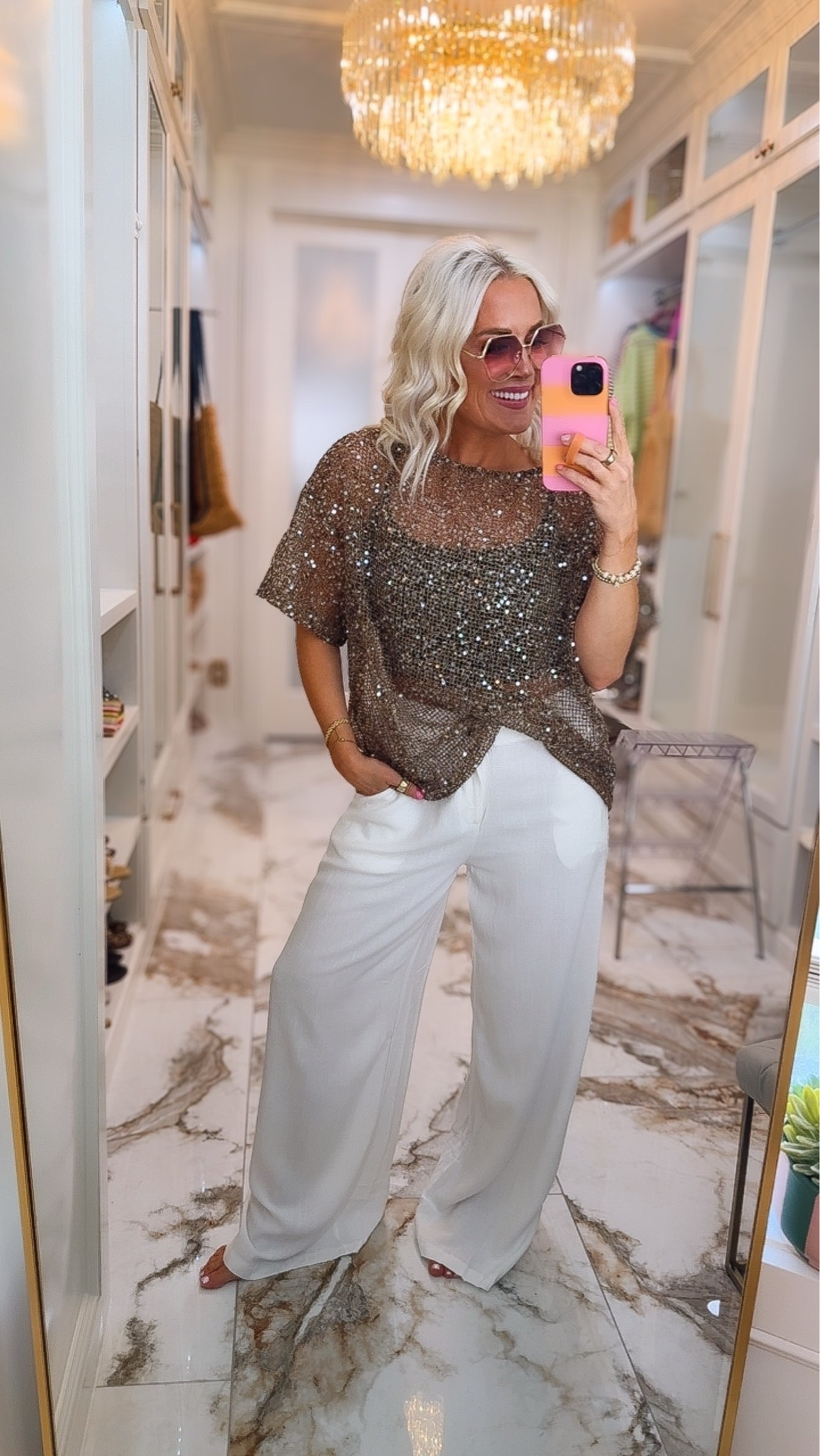 OBSESSED with this outfit from Amazon 
Sequin top size large 
Pants size medium