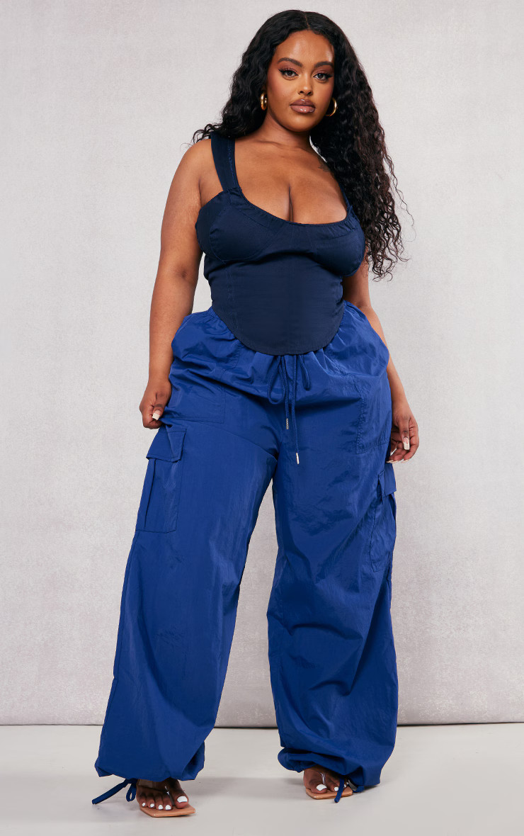 Plus Navy Lightweight Parachute Drawstring Cargos | PrettyLittleThing US