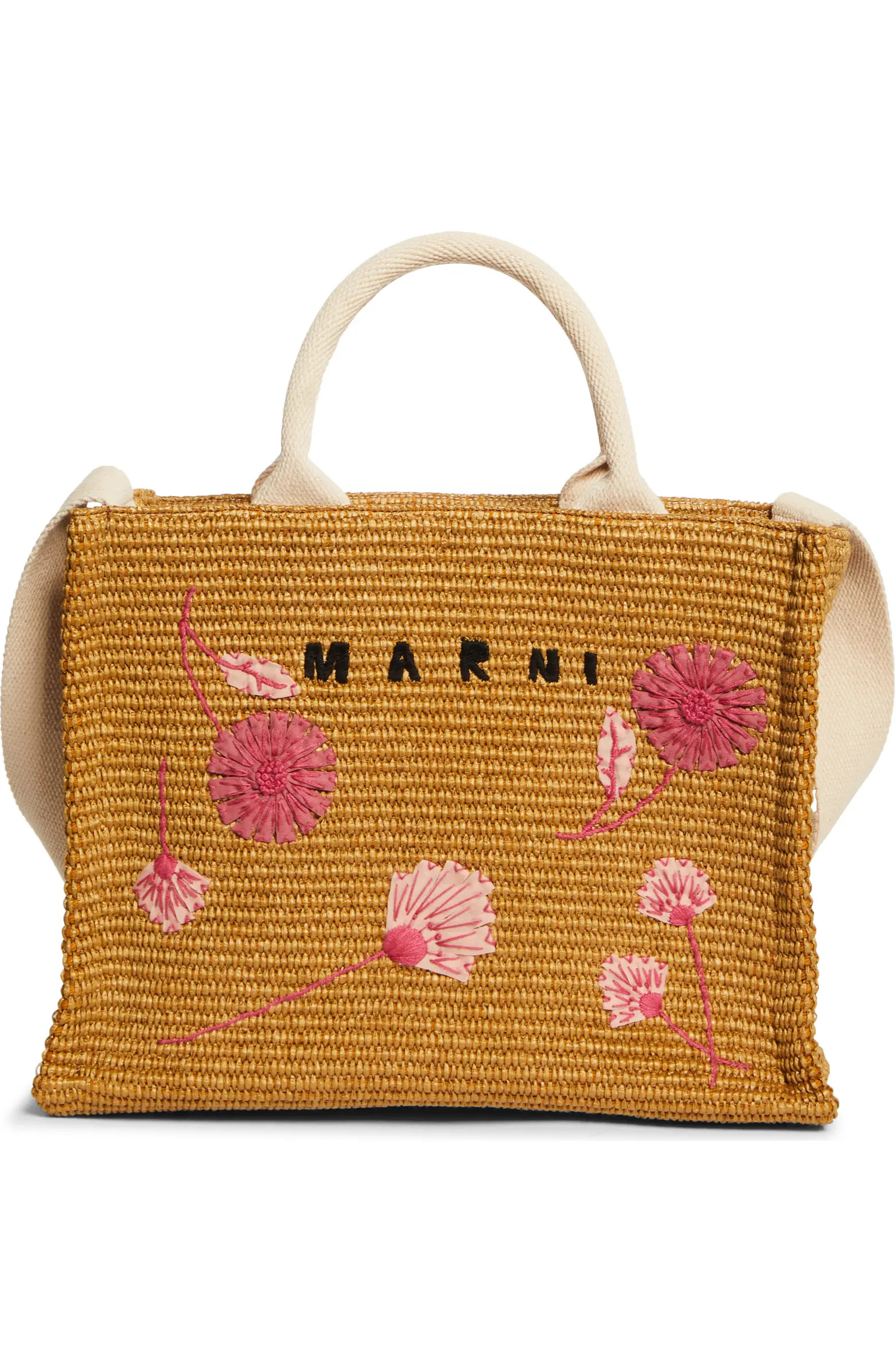 Small Floral Embroidered Logo Raffia Tote | Nordstrom