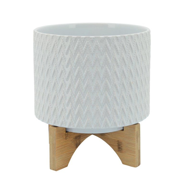 Ceramic Planter with Chevron Pattern and Wooden Stand, Small, White | Walmart (US)