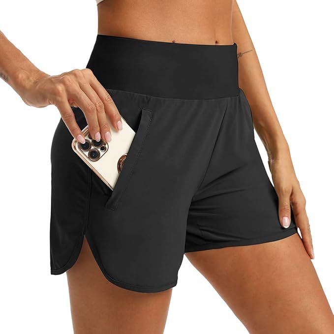 M MAROAUT Womens 4 Inches Running Shorts with Zipper Pockets Liner Black Athletic Shorts Quick Dr... | Amazon (US)