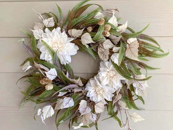 Cream Dahlia Eucalyptus and Aspen Leaf Wreath Neutral Fall - Etsy | Etsy (US)