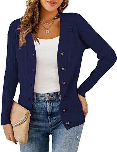 LIENRIDY Women's Button Down Long Sleeve Knit Classic Sweaters Cardigan, Navy, M | Amazon (US)
