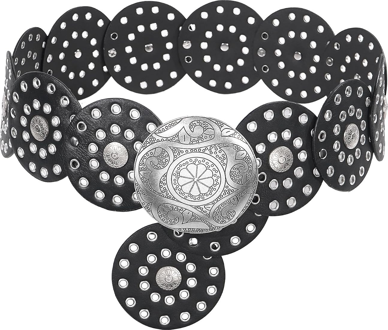 Suyi Wide Disc Belt for Women Leather Hollow Out Round Belts Vintage Western Waist Belt | Amazon (US)