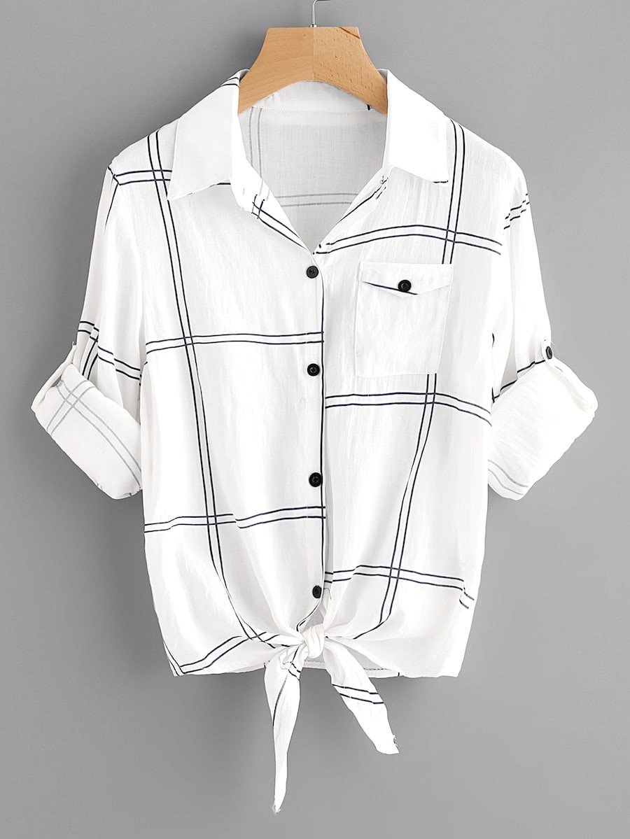 Rolled Sleeve Checked Knot Front Shirt | SHEIN