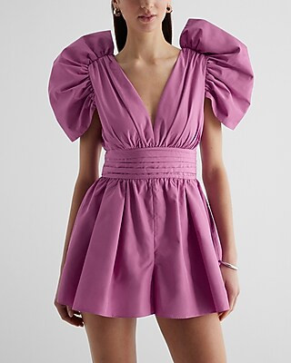 V-neck Puff Sleeve Pleated Romper | Express