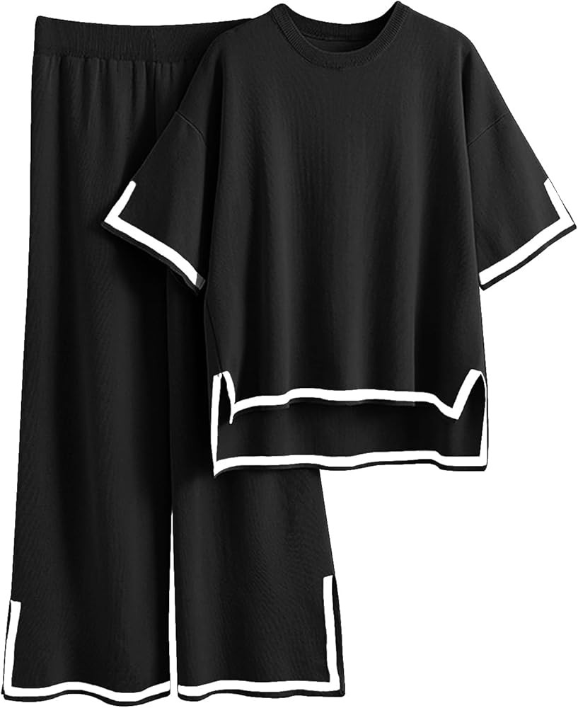 Imily Bela Womens Plus Size Lounge Sets 2 Piece Outfits Short Sleeve Pullover Tops Wide Leg Pants Summer Travel Outfits | Amazon (US)