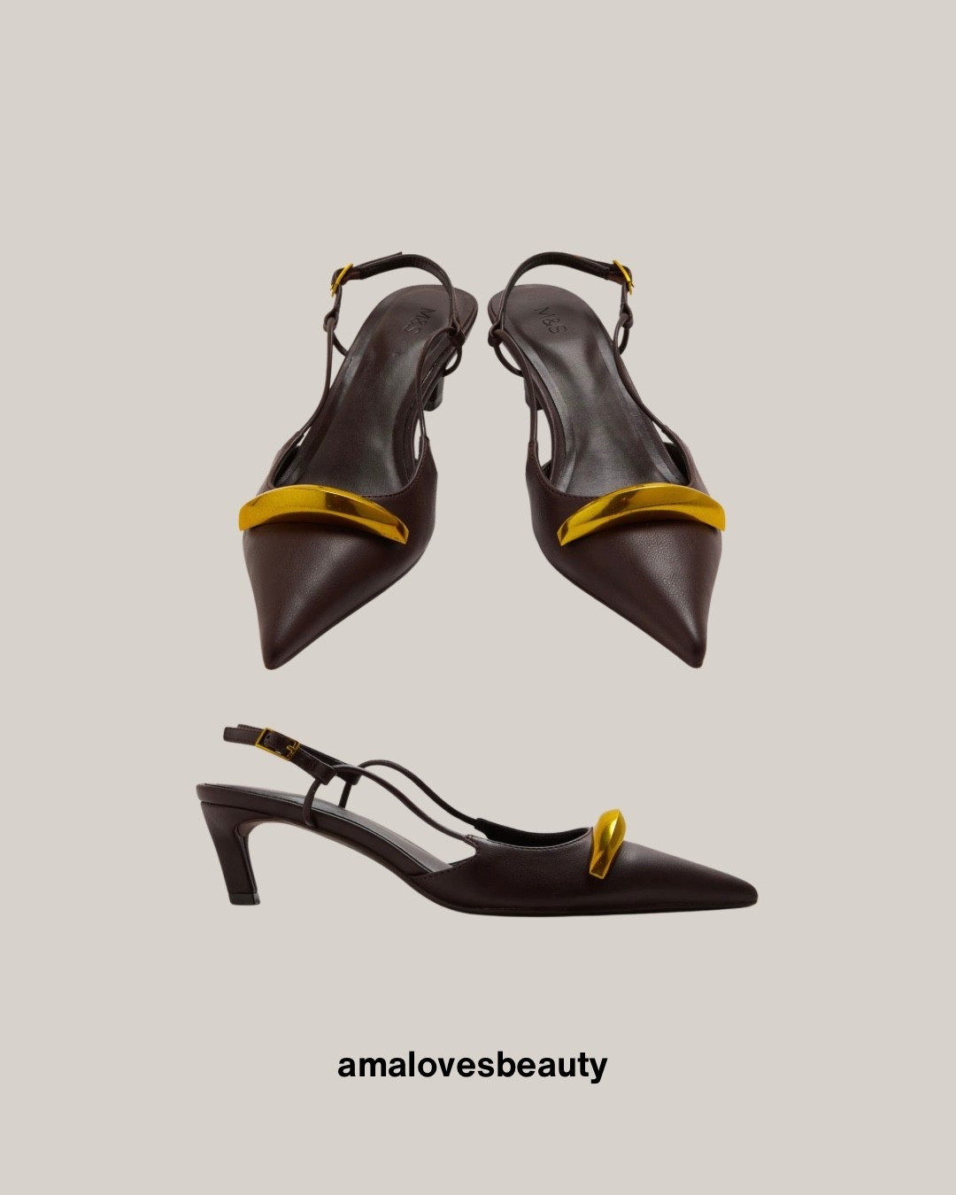Slingback kitten heels, M&S collection Brown leather heel, 
Kitten heels with gold details.
M&S shoes, comfortable heels spring shoes, workwear shoes, and everyday shoes.

#LTKWorkwear #LTKgrwm
