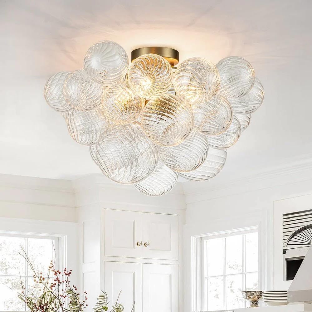 Semi Flush Mount Ceiling Bubble Ball Chandelier Lighting Dia 20 Inch Gold Clear Ribbed Blown Glas... | Amazon (US)