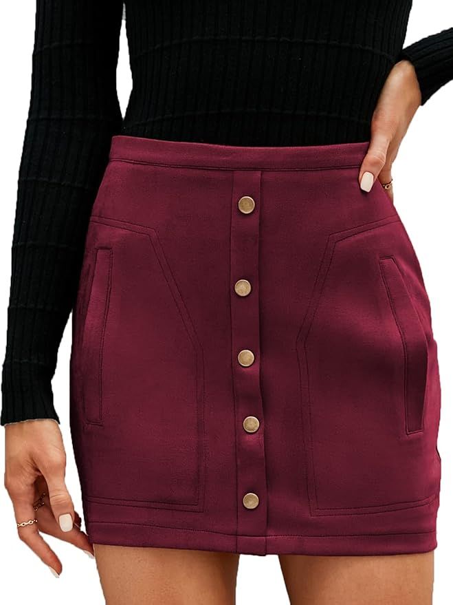 Naggoo Women's High Waist Skirts Sexy Faux Suede Bodycon Button A-Line Mini Skirt with Pockets | Amazon (US)