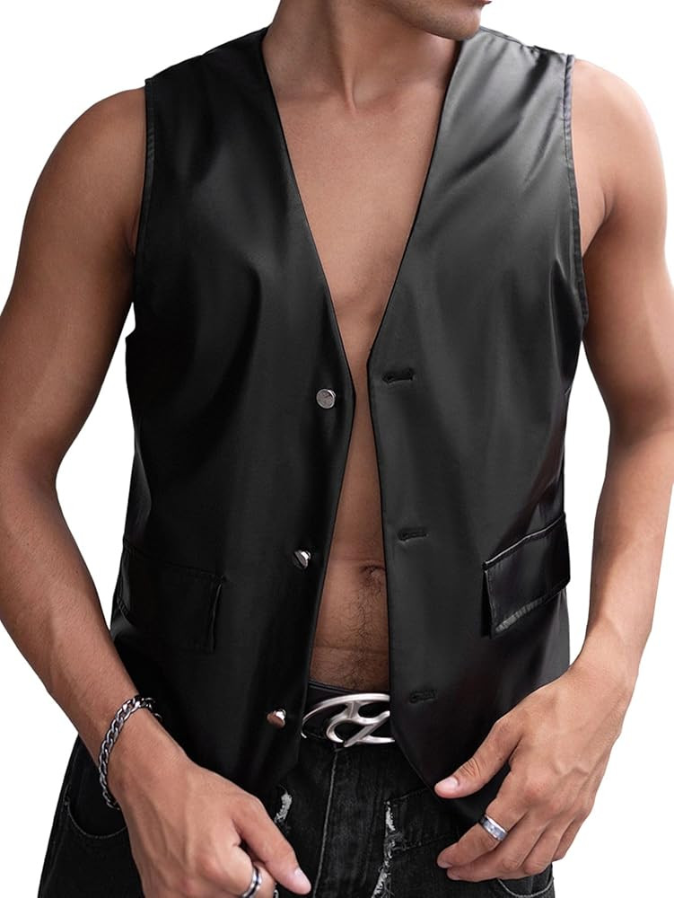Verdusa Men's Sleeveless PU Leather Vest Jacket Button Front V Neck Waistcoat | Amazon (US)