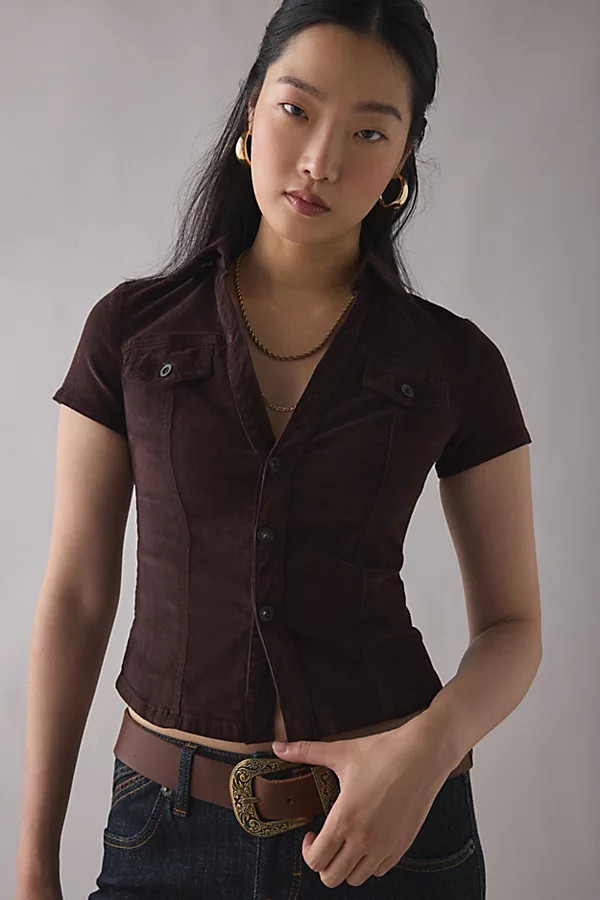 BDG Polly Corduroy Slim Short Sleeve Button-Up Shirt Top in Brown, Women's at Urban Outfitters | Urban Outfitters (US and RoW)