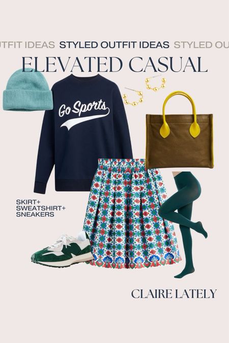 Styled outfit idea: elevated casual for work or weekend. Sweatshirt, skirt, Amazon colored tights, sneakers, gold earrings, beanie winter hat, tote bag
❤️ Claire Lately 

#LTKstyletip #LTKfindsunder100 #LTKworkwear