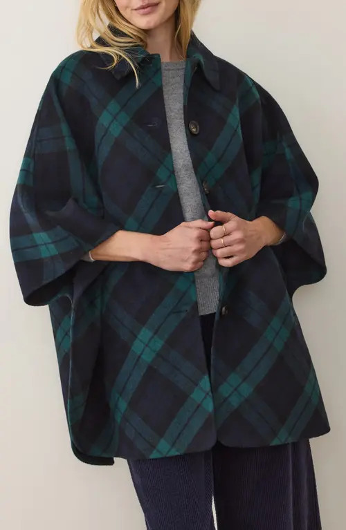 Marine Layer Colette Plaid Cape Coat in Evergreen Plaid at Nordstrom, Size X-Small | Nordstrom