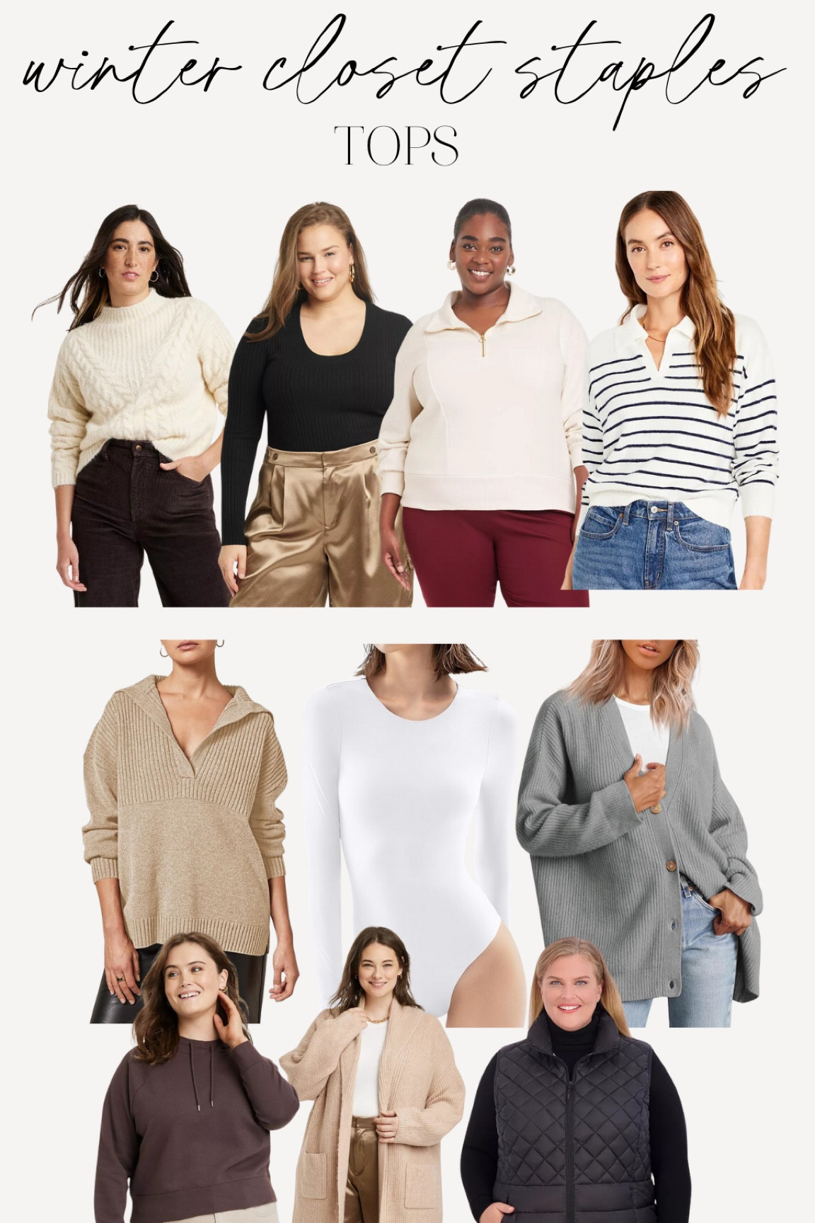 Winter closet staples: tops, sweaters, vests, and tees! You can make endless outfits with these tops and layering with them! 

Oldnavy, Walmart, kohls, Target, Amazon 

#LTKfindsunder50 #LTKplussize #LTKSeasonal