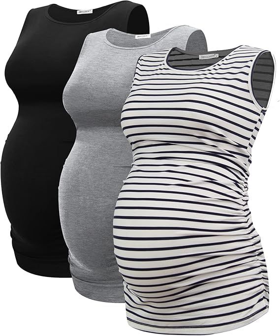 Smallshow Women's Maternity Tank Tops Sleeveless Ruched Pregnancy Clothes 3-Pack | Amazon (US)