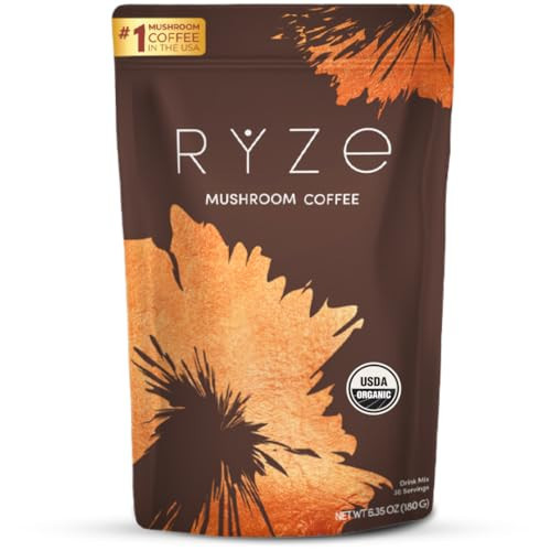 RYZE SUPERFOODS Mushroom Coffee USDA Organic with 6 Adaptogenic Mushrooms and MCT Oil, USA Grown Instant Coffee for Better Energy, Focus, Digestion, Immunity with Lions Mane & Turkey Tail, 30 servings | Amazon (US)
