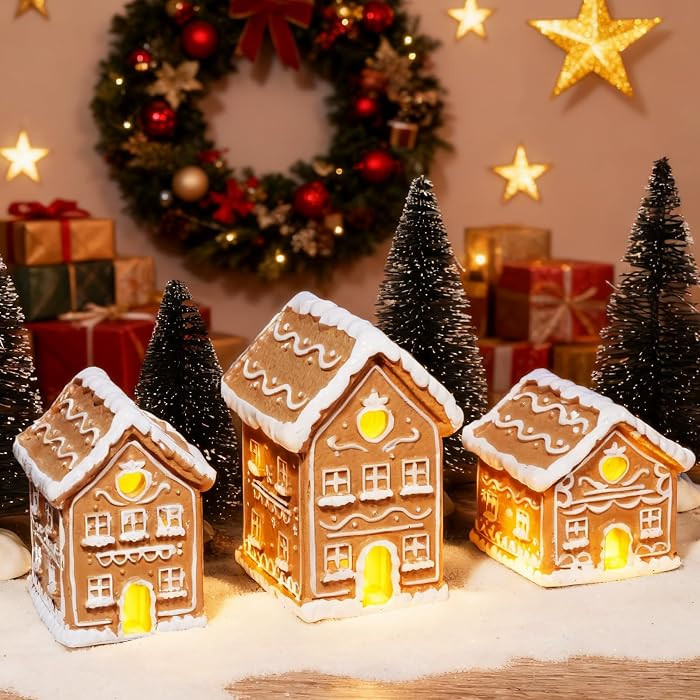3PCS Christmas Gingerbread House Kit, Resin Christmas Mini Village Decorations, Mini Gingerbread ... | Amazon (US)