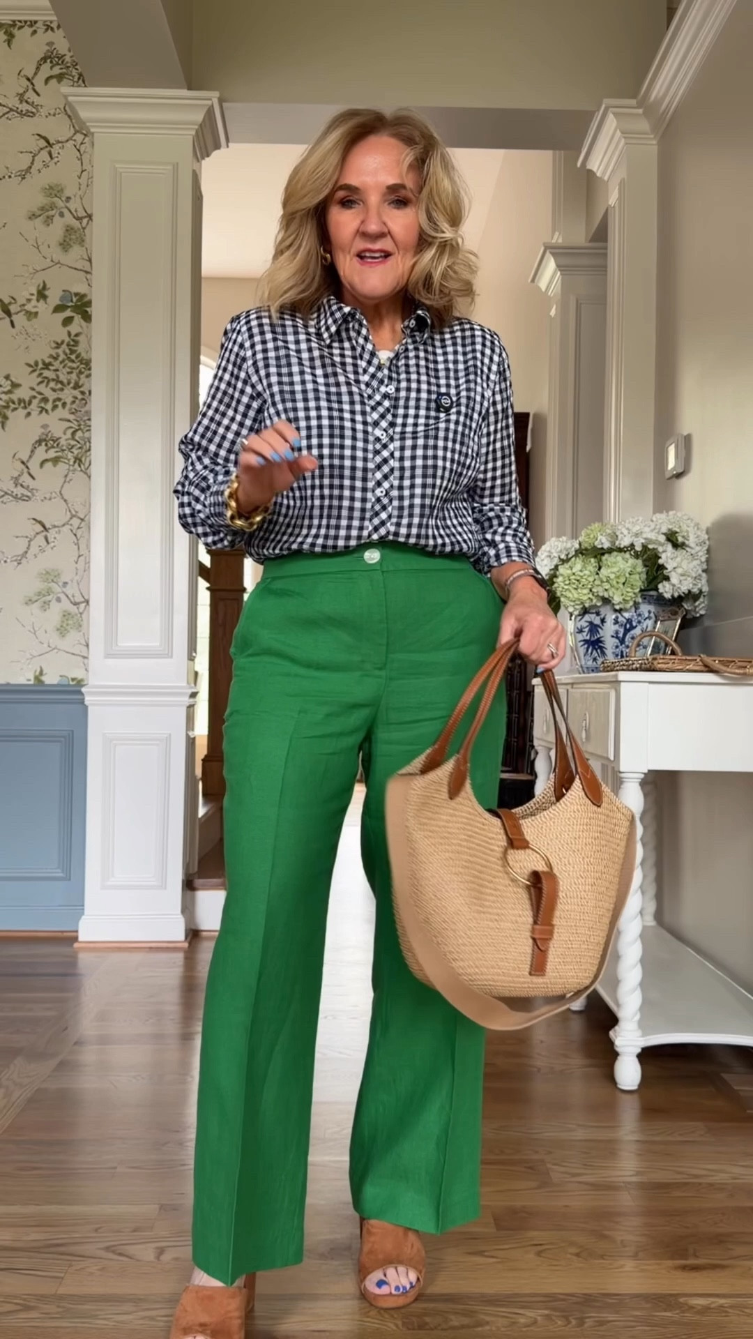 This gingham top can be worn elevated or casual 
When you find styles you love, and they’re on sale? It’s time to fill your cart and check out! 
Sizing details 
Gingham dress 8 petite size up if inbetween 
Athletic dress size small ref
Jeans size 8 petite 
White tee with ruching on the side size medium 
Gingham blouse size medium reg 
Green jeans medium petite 
Printed blue pants 8 petite 
Green linen pants 8 petite 
Black poplin blouse size medium petite 
Denim dress size 8 petite darling! 
10% off my bag with code NANETTE

#LTKSaleAlert #LTKPetite #LTKOver40