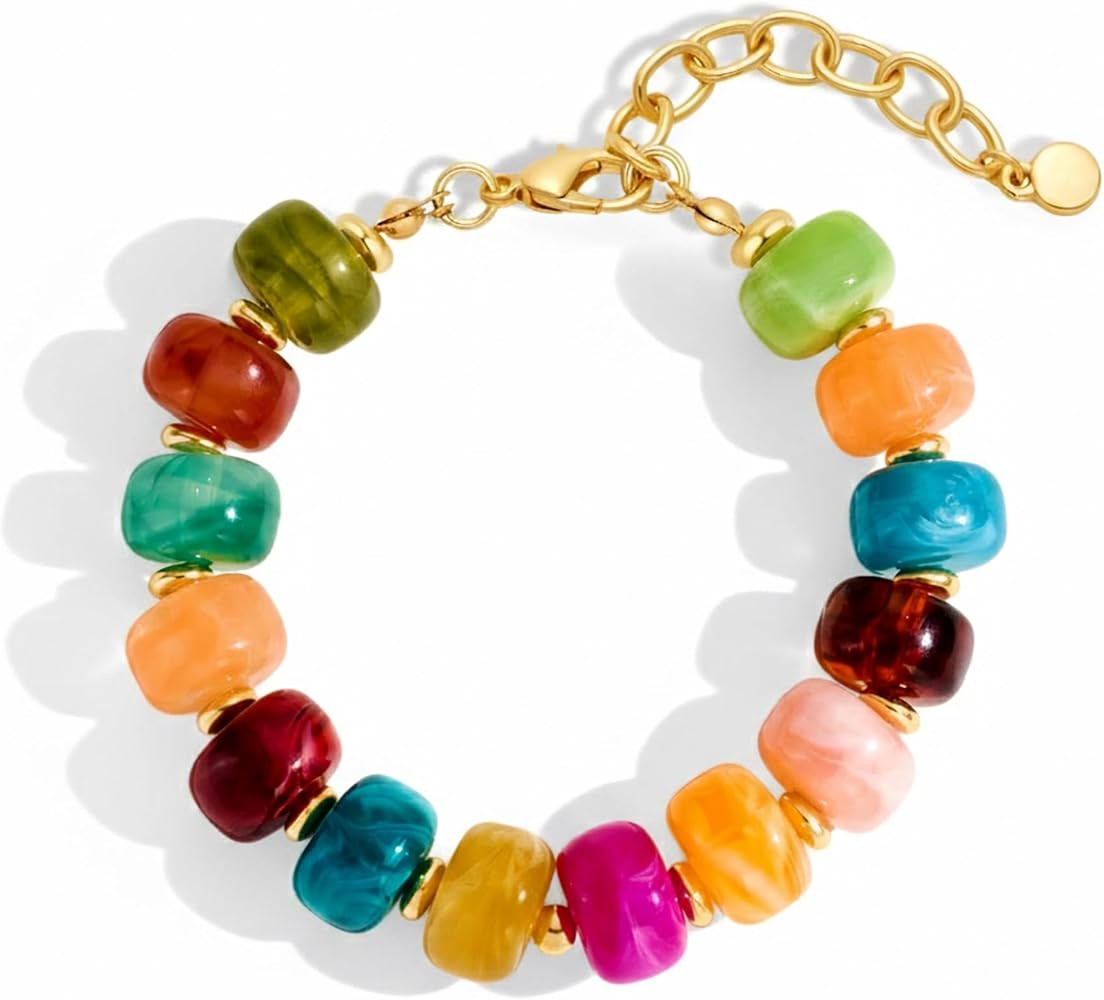 WOWORAMA Colorful Beaded Bracelets for Women Multicolor Acrylic Resin Beads Bracelet with Heart C... | Amazon (US)
