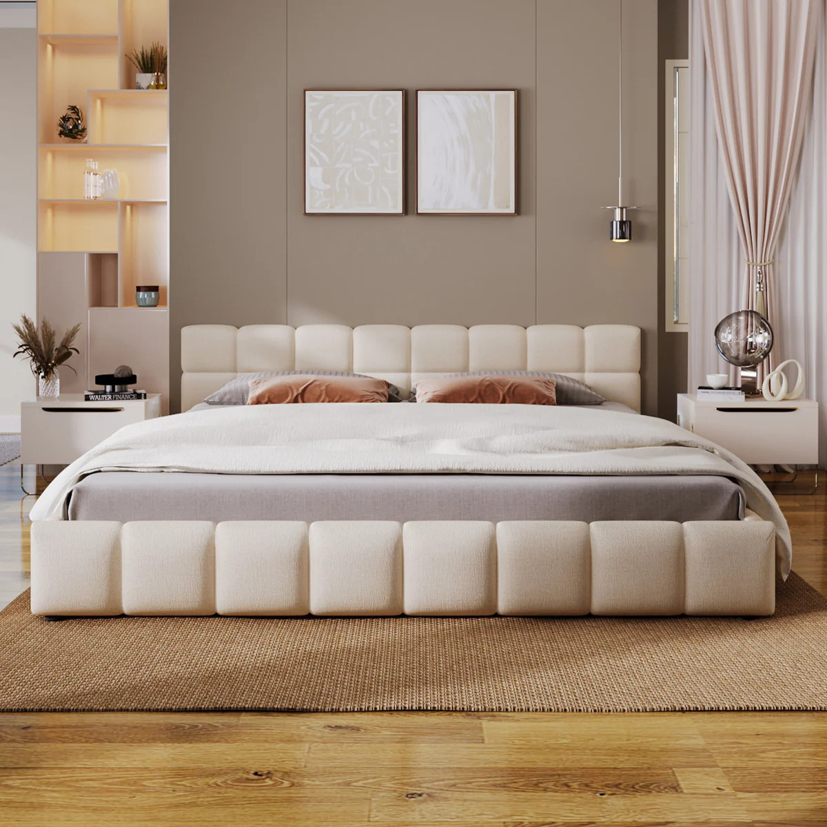 Streamdale Elegant Beige Chenille Upholstered Bed with Checkerboard Design, King, Beige | Shop Simon