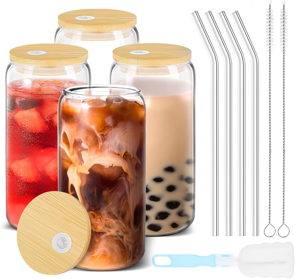 Verdenu Lot de 4 tasses en verre de 473,6 g avec couvercles et pailles en verre, tasse à café g... | Amazon (CA)