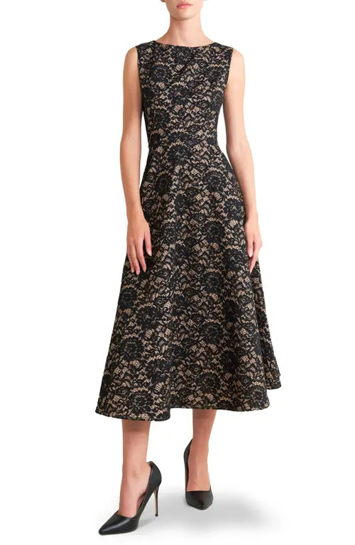 FREEMARKET Sleeveless Cotton Blend Lace Fit & Flare Midi Dress in Black/Camel at Nordstrom, Size ... | Nordstrom