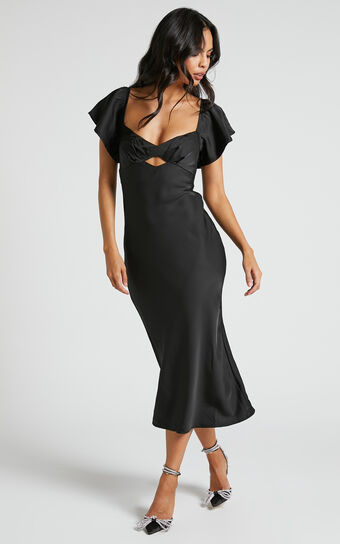 Emberlynn Midi Dress - Flutter Sleeve Cut Out Satin Dress in Black | Showpo (US, UK & Europe)