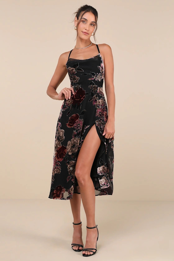 Exuberant Vibes Black Floral Velvet Burnout Tie-Back Midi Dress | Lulus