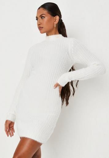 Missguided - Carli Bybel x Missguided Cream Fluffy Knit High Neck Long Sleeve Mini Dress | Missguided (UK & IE)