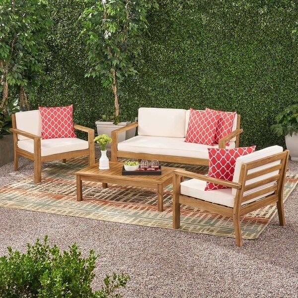 Santa Ana Outdoor 4 Seater Acacia Wood Chat Set with Cushions by Christopher Knight Home | Bed Bath & Beyond