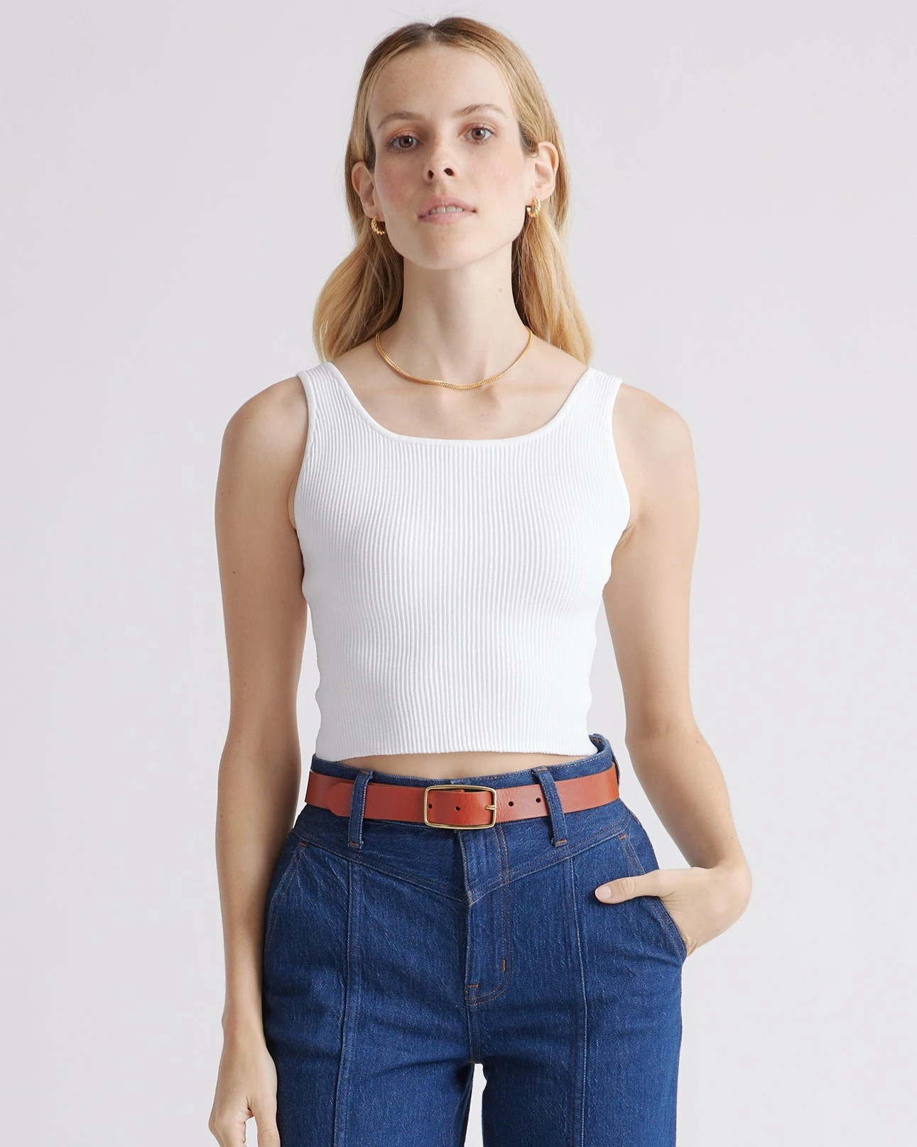White Cropped Square Neck Ribbed Knit Tank | Quince