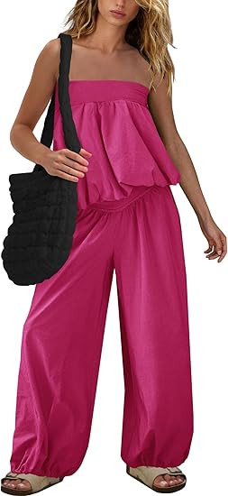 SENSERISE Pants Sets Women 2 Piece Outfits Bubble Off Shoulder Strapless Tube Top Wide Leg Pants ... | Amazon (US)