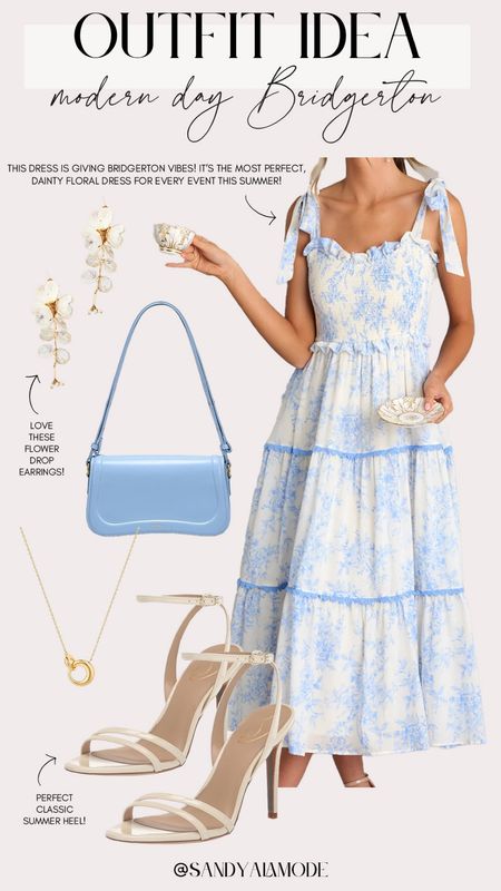 Summer event dress | blue and white floral midi dress | modern day Bridgerton style | chic summer style | Amazon shoulder bag | dainty flower earrings | tea time dress 

#LTKSeasonal #LTKFindsUnder100 #LTKStyleTip