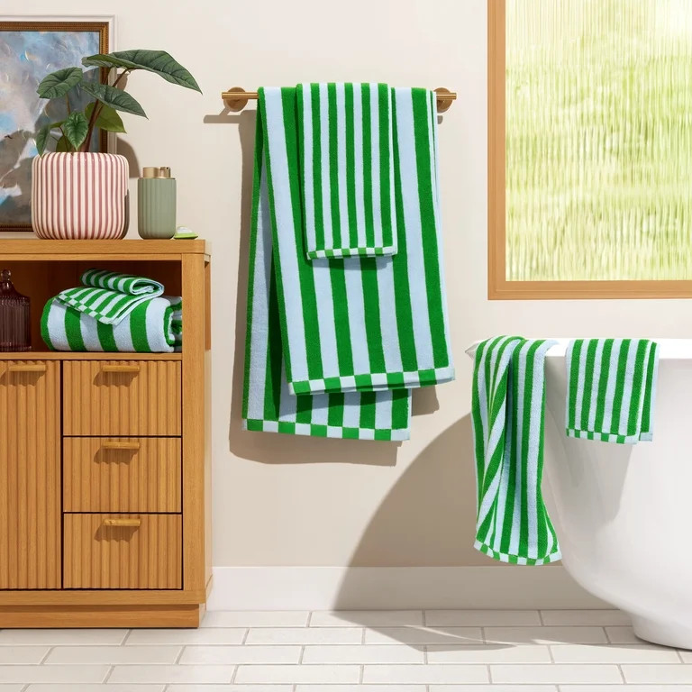 Beautiful by Drew Barrymore 6-Piece Stripe Hem Bath Towel Set, Soft 100% Cotton, Green | Walmart (US)