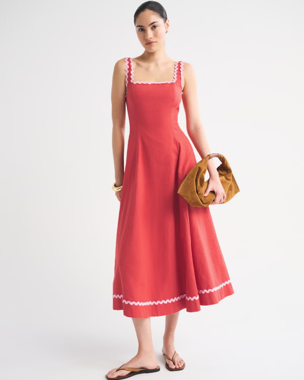 A&F Mila Ric-Rac Linen-Blend Midi Dress | Abercrombie & Fitch (US)