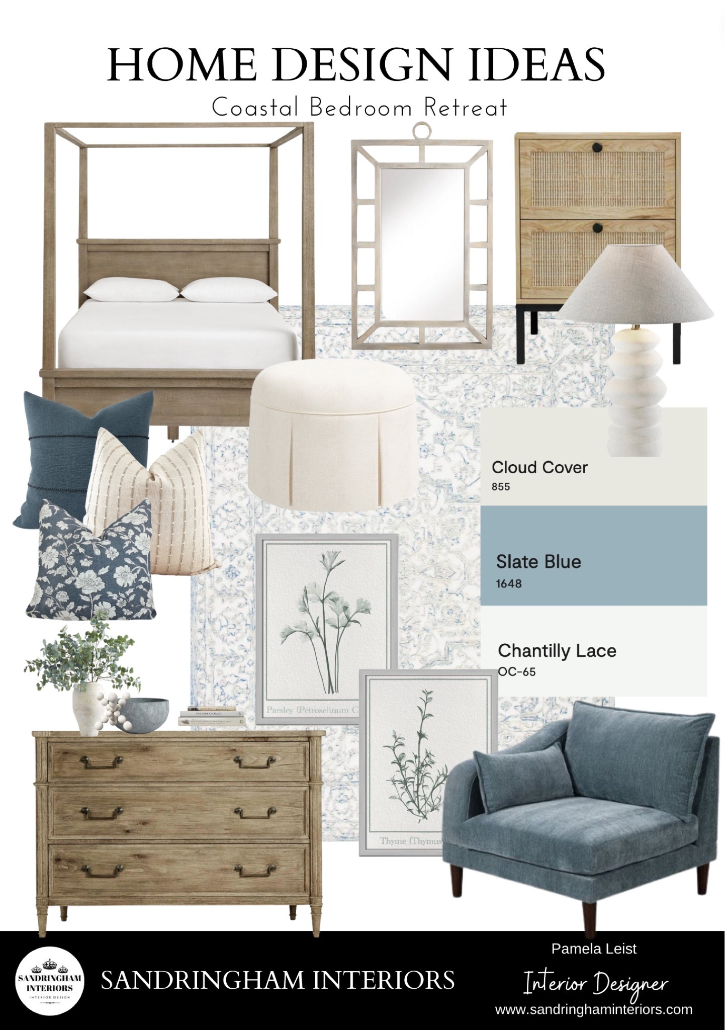 
Coastal Bedroom Retreat | Farmhouse Canopy Bed | Mango Wood Wall Mirror | Bleached Chestnut Dresser | Wicker Rattan Nightstand | Skirted Ottoman | Wallpaper | Patterned Rugs | Blue Decorative Pillows | Ivory Natural Pillows | Framed Botanical Wall Art 

#LTKStyleTip #LTKHome