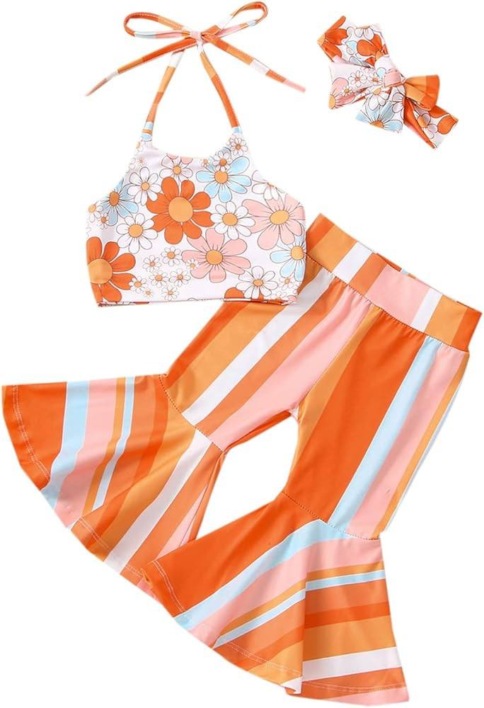 Kupretty Baby Girl Summer Clothes Toddler Bell Bottoms Outfits Flower Halter Crop Top Floral Flar... | Amazon (US)