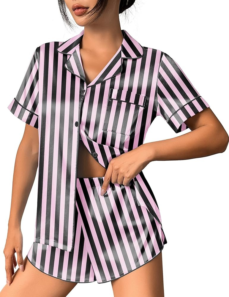 Ekouaer Womens Silk Satin Pajama Set Print Short Sleeve Sleepwear Button Down Pjs Shorts Set Loun... | Amazon (US)