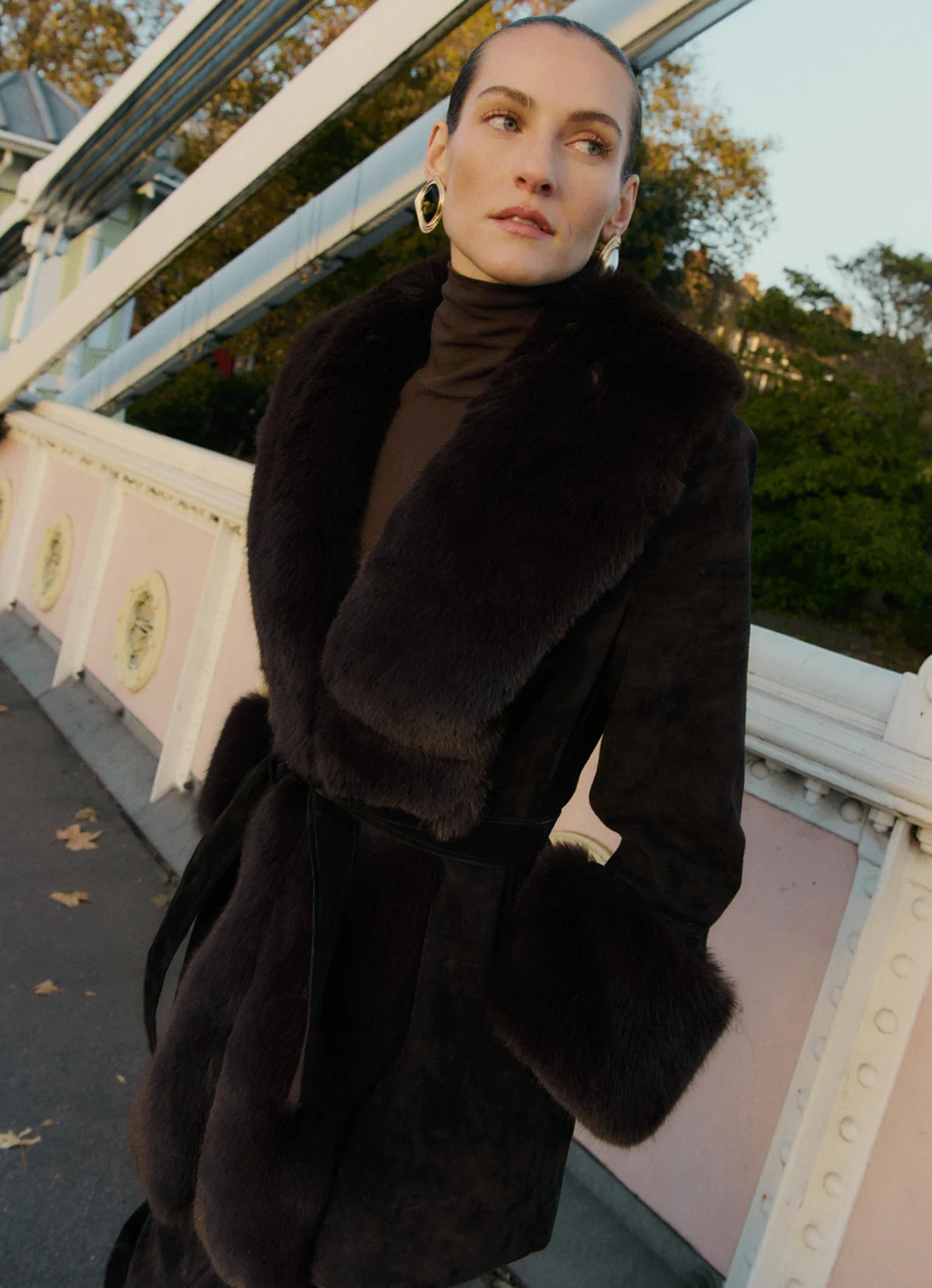 Espresso Suede Faux Fur Trim Coat | DE SAVARY LONDON