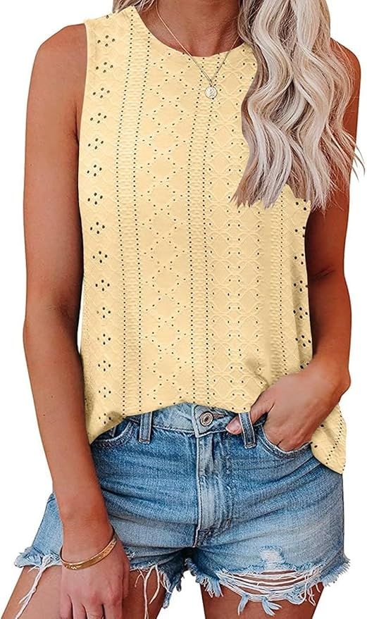 KKJ Womens Tank Tops Eyelet Embroidery Crewneck Sleeveless Going Out Casual Summer Basic Loose Sh... | Amazon (US)