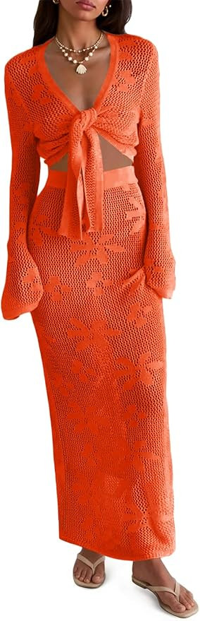 Saodimallsu Womens Crochet Swim Cover Up 2 Piece V Neck Long Sleeve Wrap Tie Crop Tops Beach Boho... | Amazon (US)