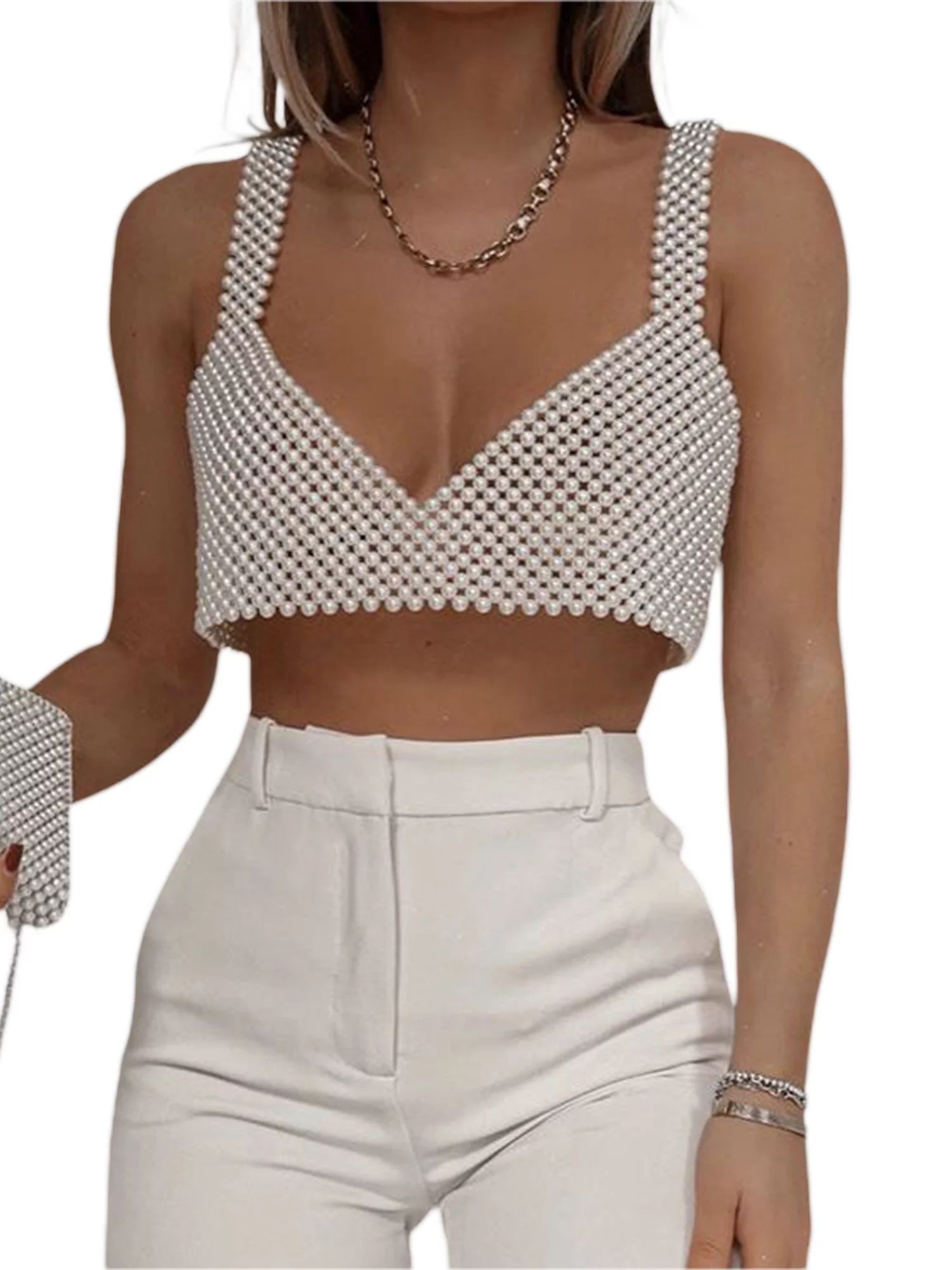 Elegant Lady Pearl Crop Top Fishnet Hollow Out Camisole Summer Beach Holiday Cover-ups Chic Women... | Walmart (US)