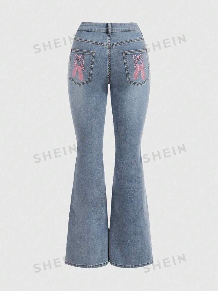 ROMWE Kawaii Dames Lief Balletschoentjes Ontwerp Geborduurd Denimbroek Met Rug Zakken | SHEIN