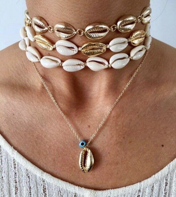 Gold shell with evil eye Necklace | Etsy (US)